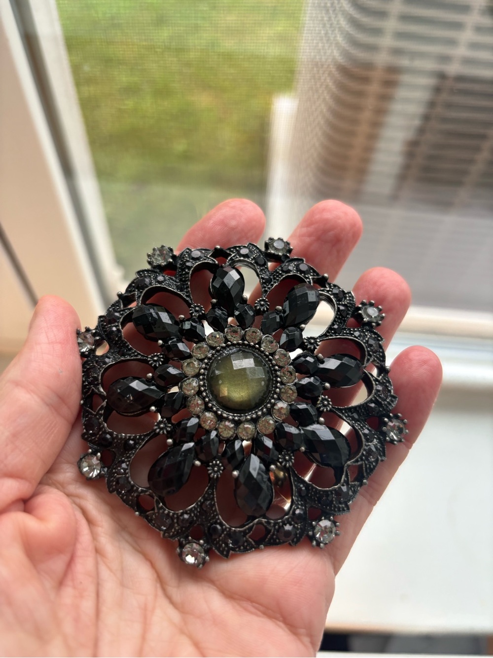 Vintage Black and green Floral Glass Crystal Brooch pin large
